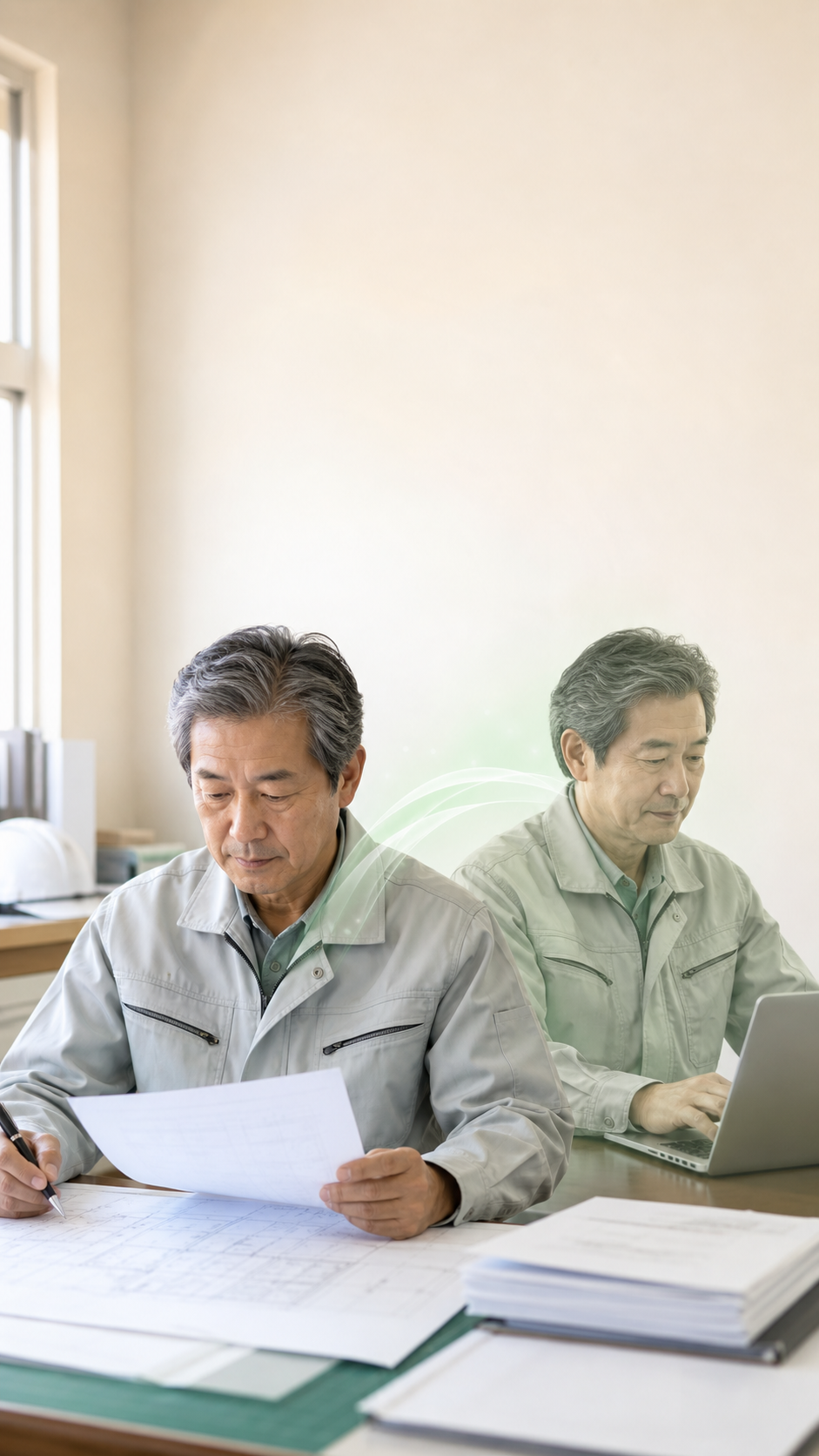 建設会社の社長の仕事が、同じ姿のAI社員へ引き継がれていくイメージ