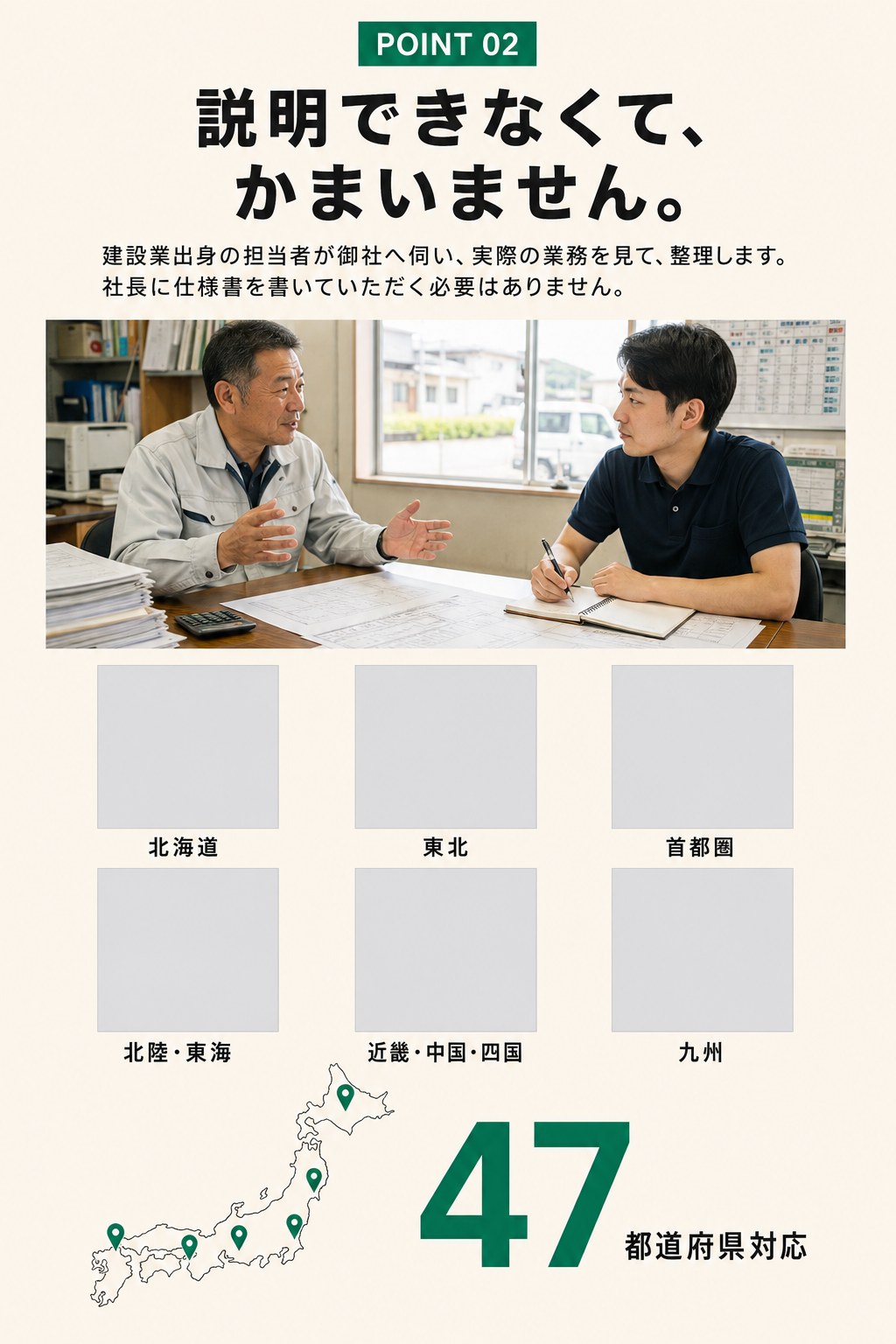POINT02 説明できなくて、かまいません。建設業出身の担当者が御社へ伺い、実際の業務を見て整理します。全国47都道府県対応